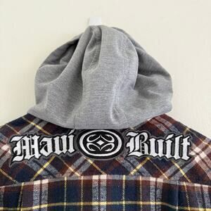 Maui Built Long Sleeve Plaid Flannel Hoodie Button Shirt Size Small Blue Brown